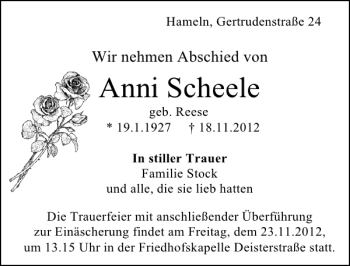 Traueranzeige von Anni Scheele von Deister- und Weserzeitung