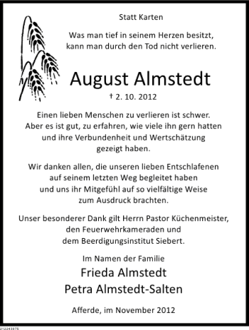 Traueranzeige von August Almstedt von Deister- und Weserzeitung