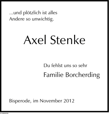 Traueranzeige von Axel Stenke von Deister- und Weserzeitung