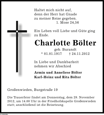 Traueranzeige von Charlotte Bölter von Deister- und Weserzeitung