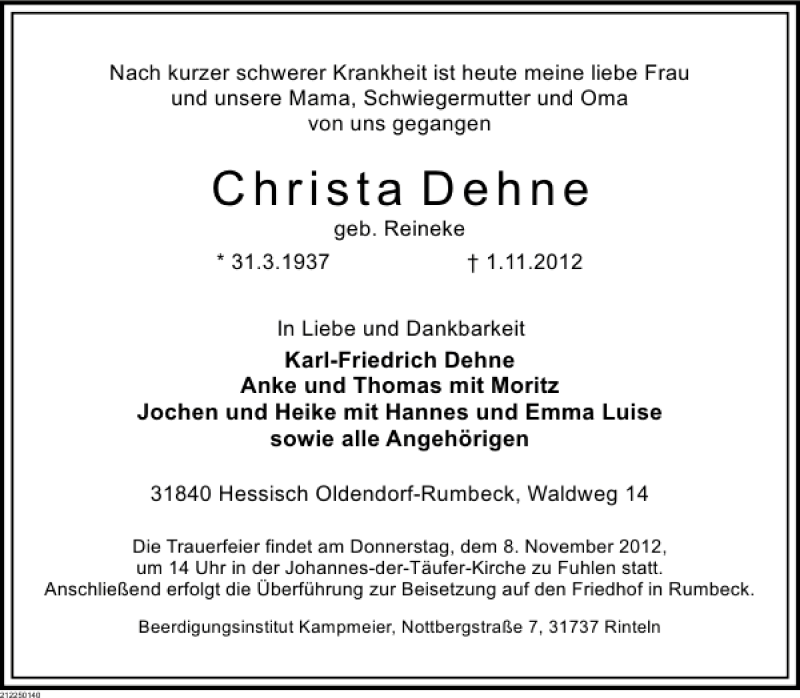  Traueranzeige für Christa Dehne vom 06.11.2012 aus Deister- und Weserzeitung