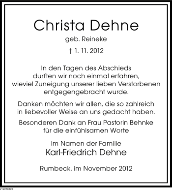 Traueranzeige von Christa Dehne von Deister- und Weserzeitung