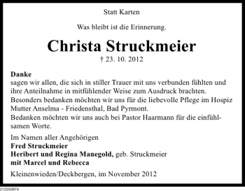 Traueranzeige von Christa Struckmeier von Deister- und Weserzeitung
