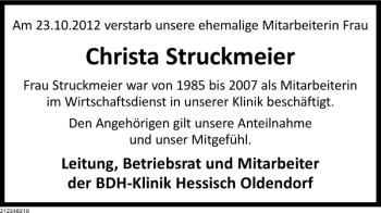 Traueranzeige von Christa Struckmeier von Deister- und Weserzeitung