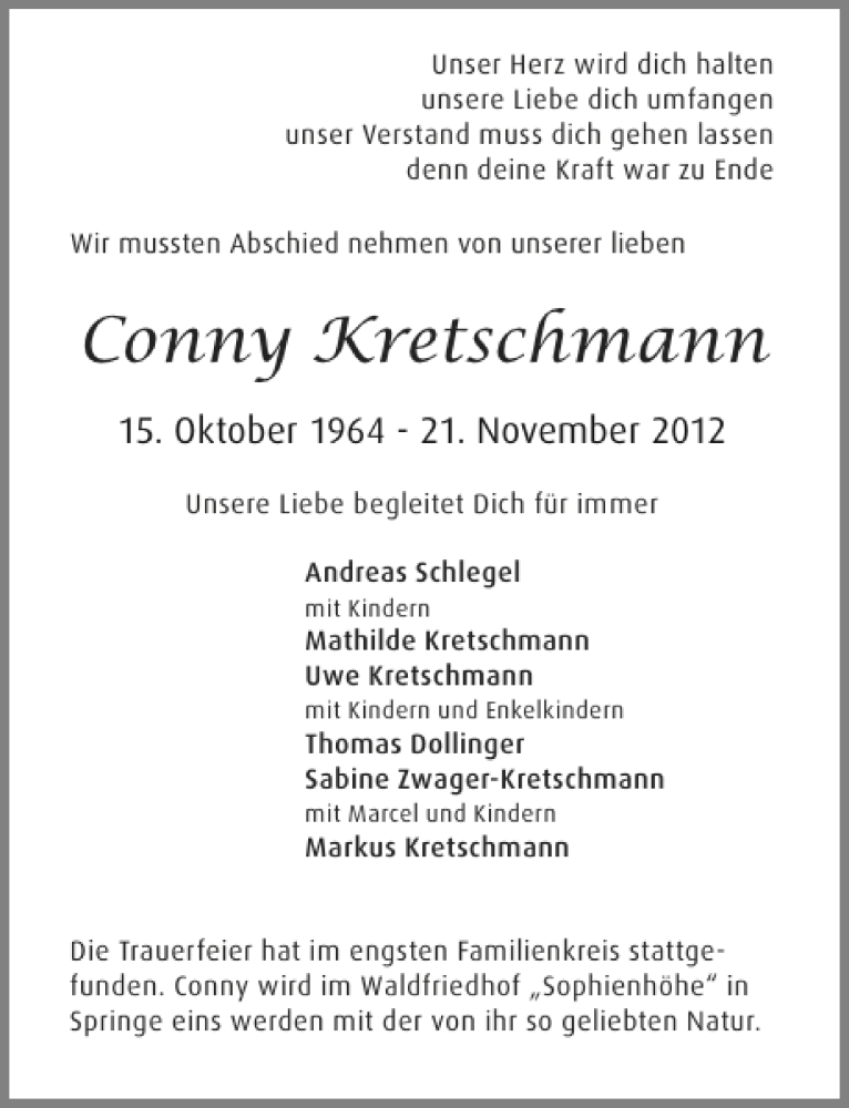  Traueranzeige für Conny Kretschmann vom 28.11.2012 aus Neue Deister-Zeitung