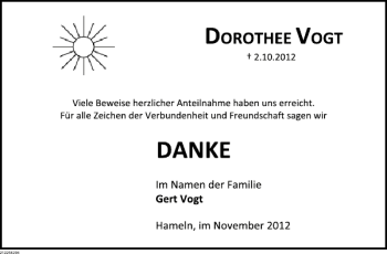 Traueranzeige von Dorothee Vogt von Deister- und Weserzeitung