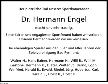 Traueranzeige von Dr. Hermann Engel von Deister- und Weserzeitung