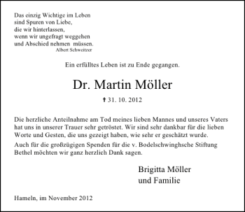 Traueranzeige von Dr. Martin Möller von Deister- und Weserzeitung