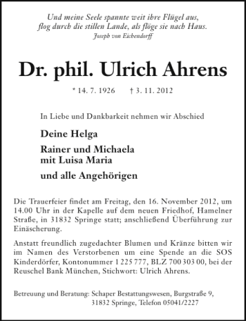 Traueranzeige von Dr. phil. Ulrich Ahrens von Neue Deister-Zeitung