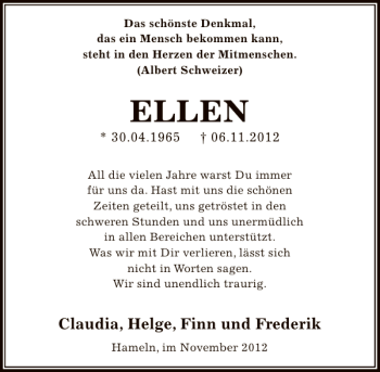 Traueranzeige von ELLEN  von Deister- und Weserzeitung