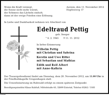 Traueranzeige von Edeltraud Pettig von Deister- und Weserzeitung