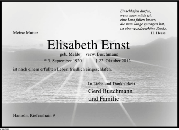 Traueranzeige von Elisabeth Ernst von Deister- und Weserzeitung