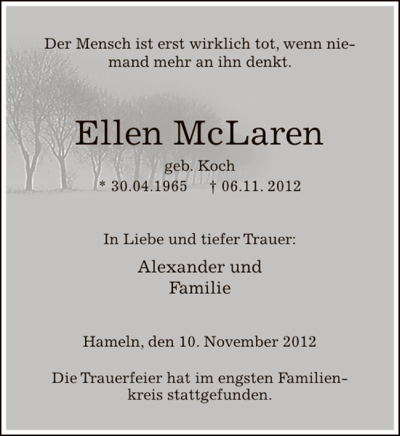  Traueranzeige für Ellen McLaren vom 10.11.2012 aus Deister- und Weserzeitung
