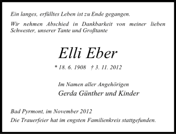 Traueranzeige von Elli Eber von Deister- und Weserzeitung