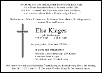 Traueranzeige von Elsa Klages von Deister- und Weserzeitung