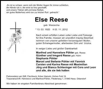 Traueranzeige von Else Reese von Deister- und Weserzeitung