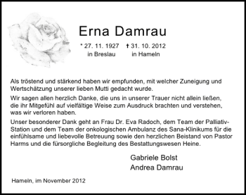 Traueranzeige von Erna Damrau von Deister- und Weserzeitung