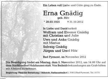 Traueranzeige von Erna Gnädig von Deister- und Weserzeitung