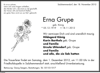 Traueranzeige von Erna Grupe von Deister- und Weserzeitung