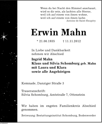 Traueranzeige von Erwin Mahn von Deister- und Weserzeitung