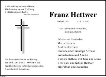 Traueranzeige von Franz Hettwer von Deister- und Weserzeitung