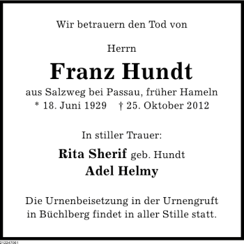 Traueranzeige von Franz Hundt von Deister- und Weserzeitung