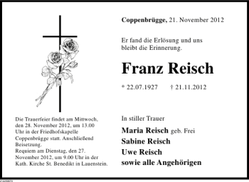 Traueranzeige von Franz Reisch von Deister- und Weserzeitung