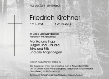 Traueranzeige von Friedrich Kirchner von Deister- und Weserzeitung