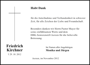 Traueranzeige von Friedrich Kirchner von Deister- und Weserzeitung