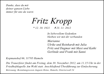 Traueranzeige von Fritz Kropp von Deister- und Weserzeitung