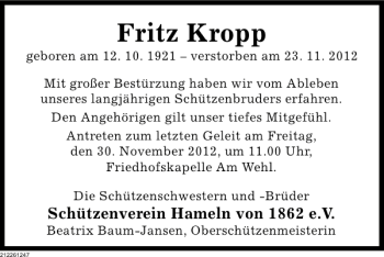 Traueranzeige von Fritz Kropp von Deister- und Weserzeitung