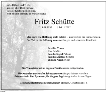 Traueranzeige von Fritz Schütte von Deister- und Weserzeitung