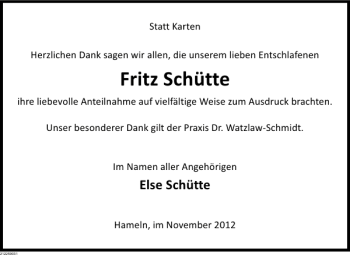 Traueranzeige von Fritz Schütte von Deister- und Weserzeitung