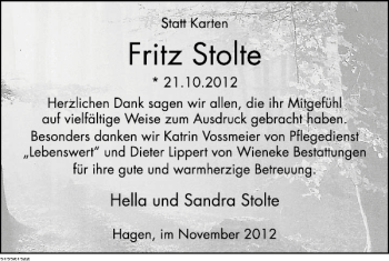 Traueranzeige von Fritz Stolte von Deister- und Weserzeitung