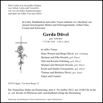 Traueranzeige von Gerda Düvel von Deister- und Weserzeitung