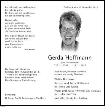 Traueranzeige von Gerda Hoffmann von Deister- und Weserzeitung