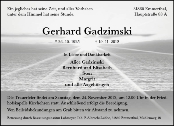 Traueranzeige von Gerhard Gadzimski von Deister- und Weserzeitung
