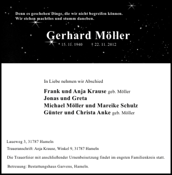 Traueranzeige von Gerhard Möller von Deister- und Weserzeitung