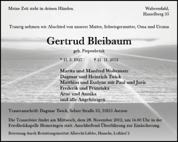 Traueranzeige von Gertrud Bleibaum von Deister- und Weserzeitung
