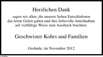 Traueranzeige von Geschister Kohrs von Deister- und Weserzeitung