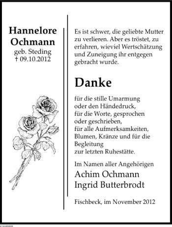 Traueranzeige von Hannelore Ochmann von Deister- und Weserzeitung