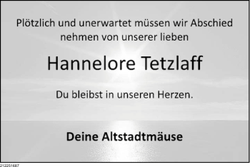 Traueranzeige von Hannelore Tetzlaff von Deister- und Weserzeitung