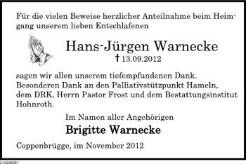 Traueranzeige von Hans-Jürgen Warnecke von Deister- und Weserzeitung