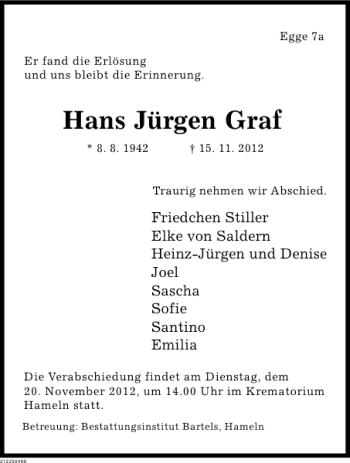 Traueranzeige von Hans Jürgen Graf von Deister- und Weserzeitung
