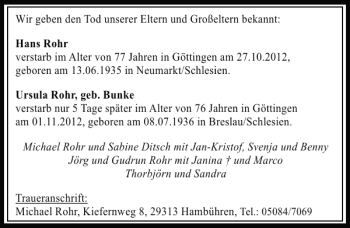 Traueranzeige von Hans Rohr Ursula Rohr von Deister- und Weserzeitung