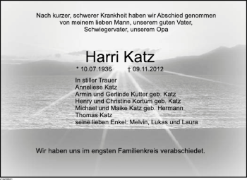 Traueranzeige von Harri Katz von Deister- und Weserzeitung