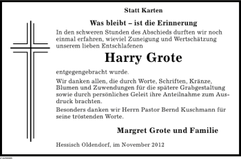 Traueranzeige von Harry Grote von Deister- und Weserzeitung