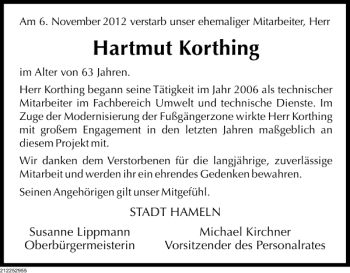 Traueranzeige von Hartmut Korthing von Deister- und Weserzeitung