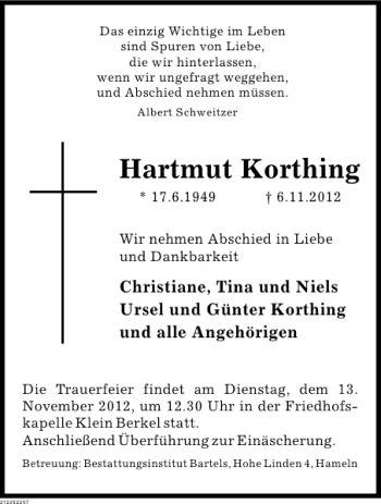 Traueranzeige von Hartmut Korthing von Deister- und Weserzeitung