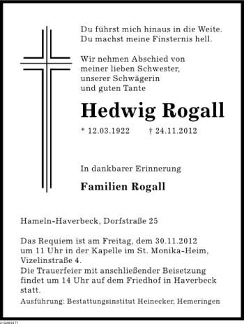 Traueranzeige von Hedwig Rogall von Deister- und Weserzeitung